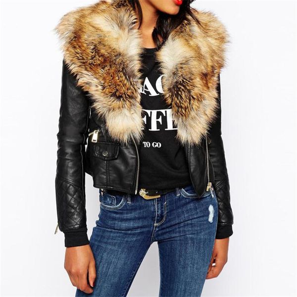 

autumn and winter women's zipper locomotive pu leather jacket coats female high imitation fur fur collar stitching jacket fashio, Black