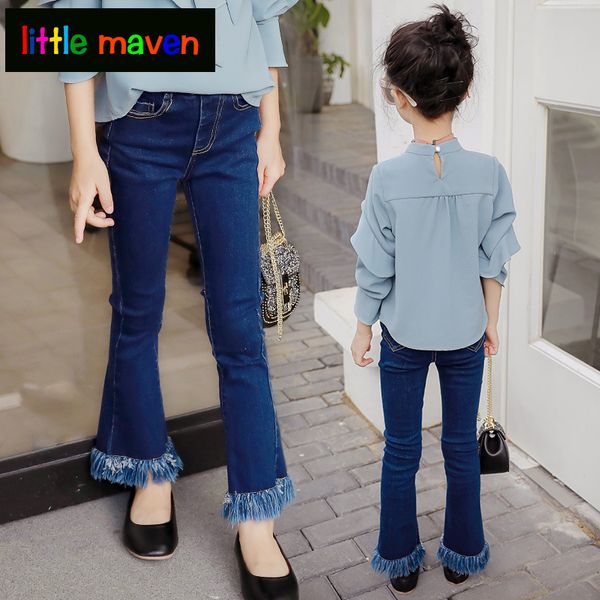 

детские джинсы для девочек одежды для девочек 12 лет тощие твердые micro la джинсовые штаны с кистями большого подросток детьми, Blue