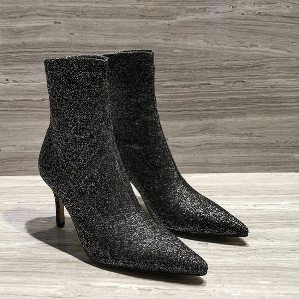 

mljuese 2020 women ankle boots velvet pointed toe slip on winter short plush thin heel high heels women socks boots party dress, Black