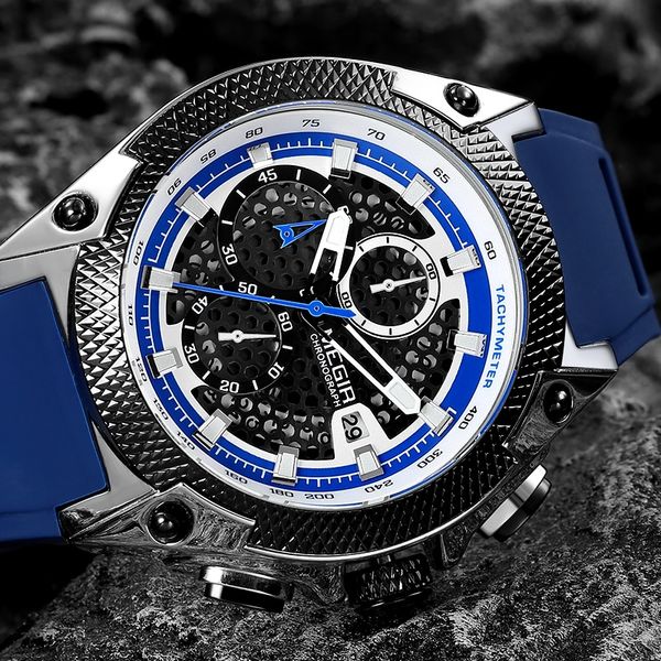 

megir men sport watch relogio masculino blue silicone strap mens watches luminous waterproof quartz watch man, Slivery;brown