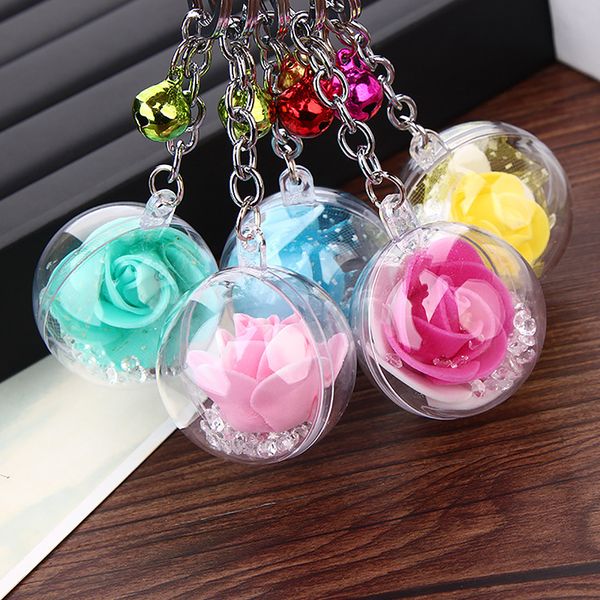 

charm bell rose flower keychain silver color metal key rings women bag pendant jewelry unique transparent flower ball keychain