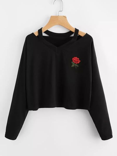 

womens hoodies sweatshirts womens long sleeve sweatshirt rose print causal style blouse with 7 colors asian size sxl, Black