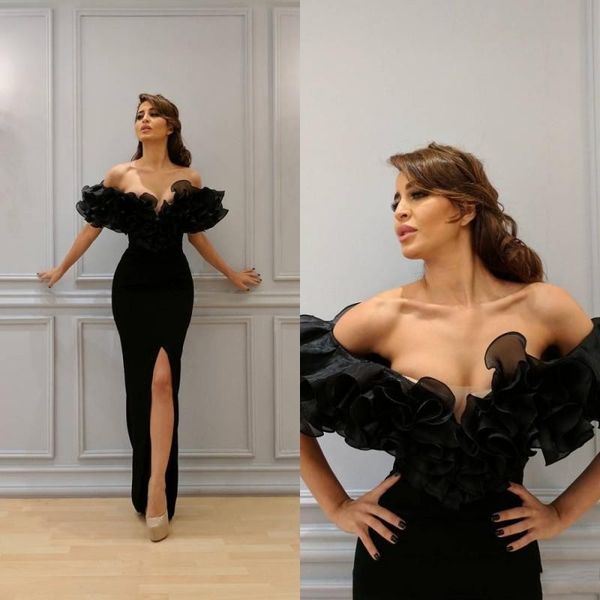 

gothic black muslim evening dress 2020 mermaid off the shoulder short sleeves organza ruffles high slit islamic dubai saudi long prom gowns