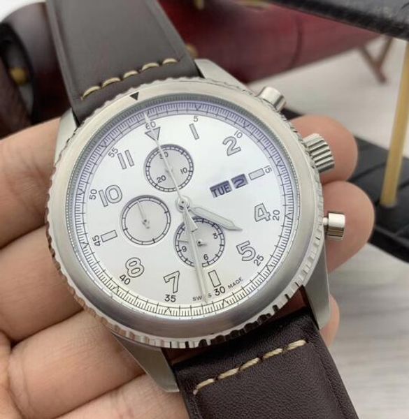 

luminous hands p-40 quartz watch mens watches chronograph chronometer aviator 8 curtiss 1884 day date white dial wristwatches, Slivery;brown