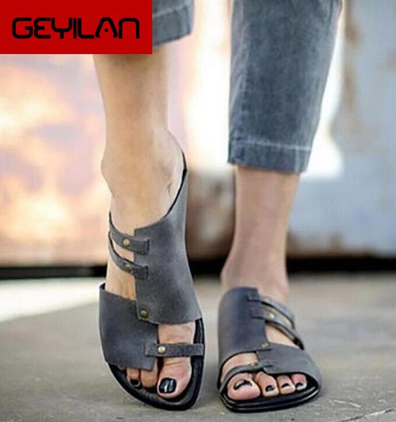 

2019 women flat-bottomed roman metal slipper women pu leather hollow out sandals peep-toe flat shoes summer slipper s004, Black