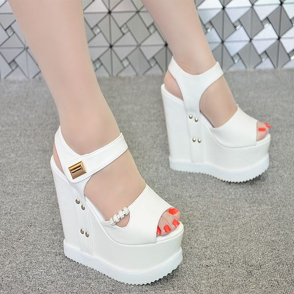 

2018 new women's sandals 15cm thick bottom wedge sandals muffin bottom super high heel fish, Black