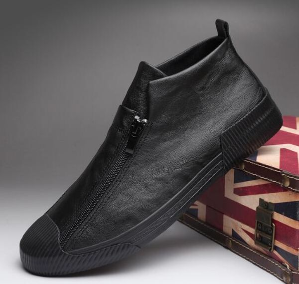 

2019 autumn new fashion street cool men two zipper leather casual shoes man trend shoes man loafers, Black