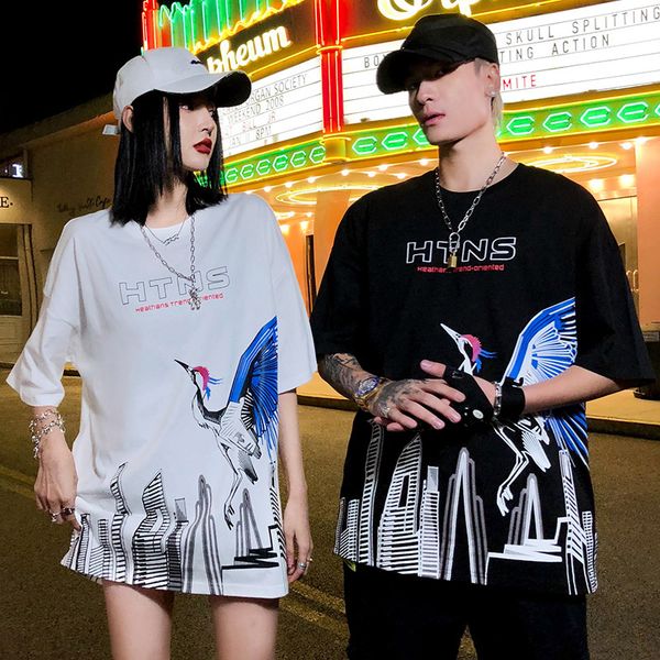 

brand designer hip hop t shirt men streetwear harajuku flying crane city print tshirt short sleeve cotton casual t-shirt black, White;black