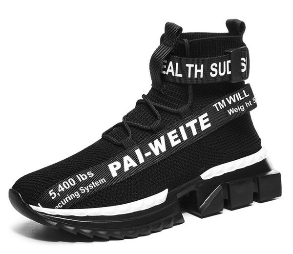 

high ankle shark sneakers men casual shoes fly knit upper breathable chunky shoes men casual shoes for men zapatillas hombre, Black