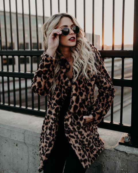 

winter women leopard faux fur coat fashion desigenr thickened warm lapel outwear casual long coats women clothing, Black