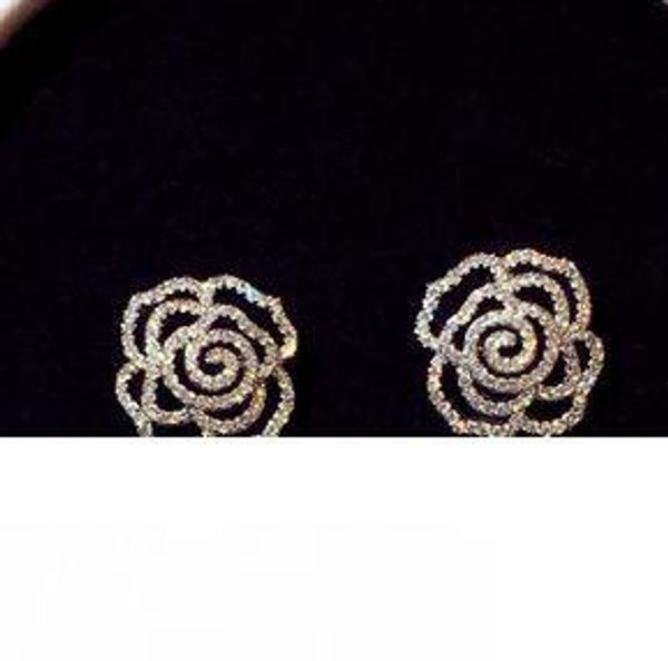 

супер блестящие новые горячие ins мода мода роскошные дизайнерские бриллианты циркон элегантный камелия роза цветок серьги стержня для женщи, Golden;silver