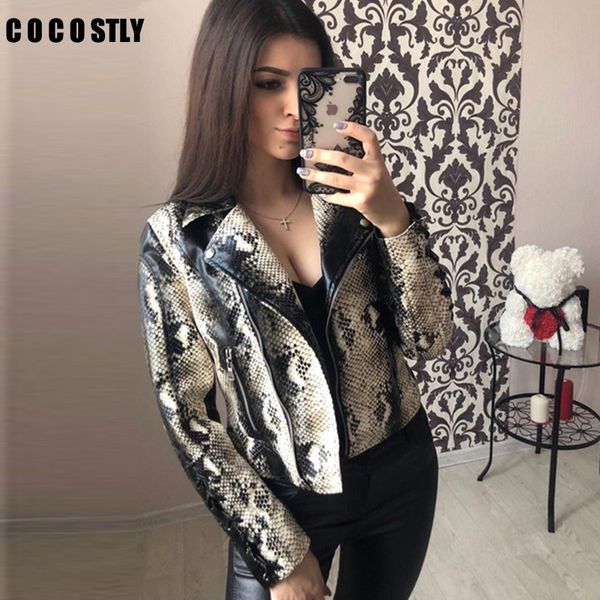 

spring leather jacket women snake print cool motorcycle zipper turn-down collar punk coat biker jacket outwear chaqueta mujer, Black