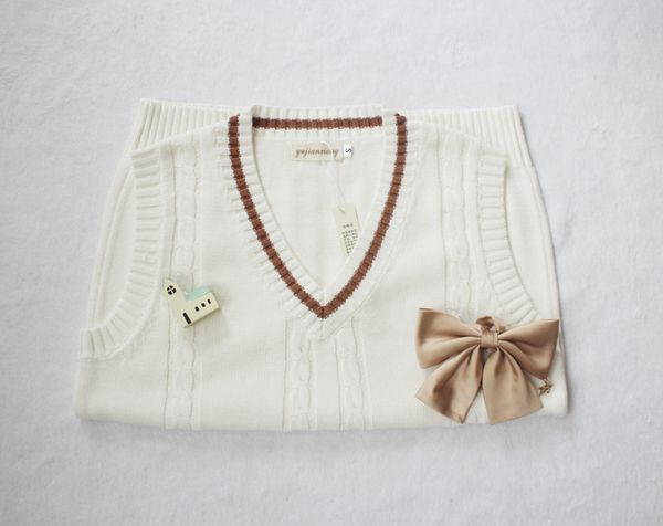 

women's vests twisted knitting spring v-neck vest jk school uniform sleeveless sweater cotton color white with light coffee line, Black;white
