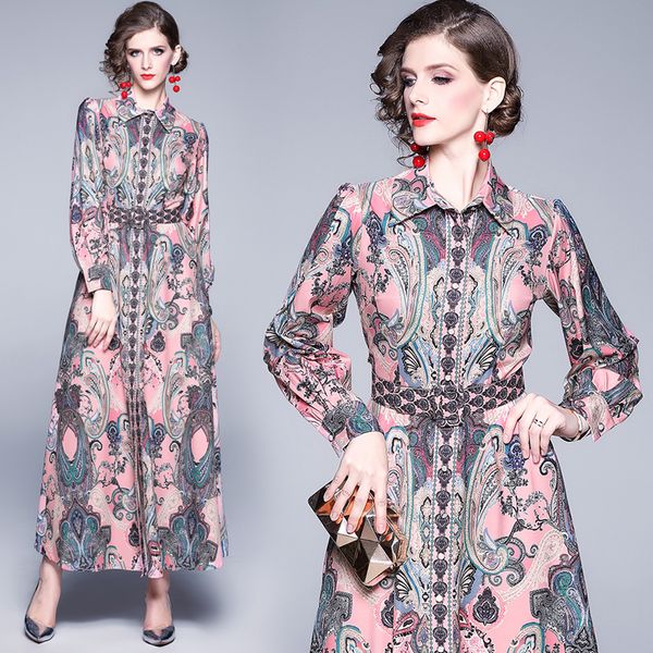 

luxury designer paisley print elegant dress plus size women spring autumn winter party prom ladies long sleeve classic runway shirt dresses, Black;gray