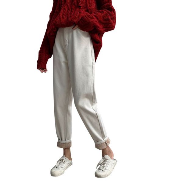 

women casual pants loose thin high waist plus velvet thick warm straight trousers, Black;white