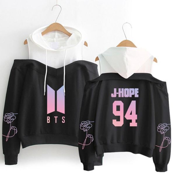 

bts hoodie jungkook suga jin jimin rap monster v j-hope love yourself long-sleeved off-shoulder warm hoodie women, Black