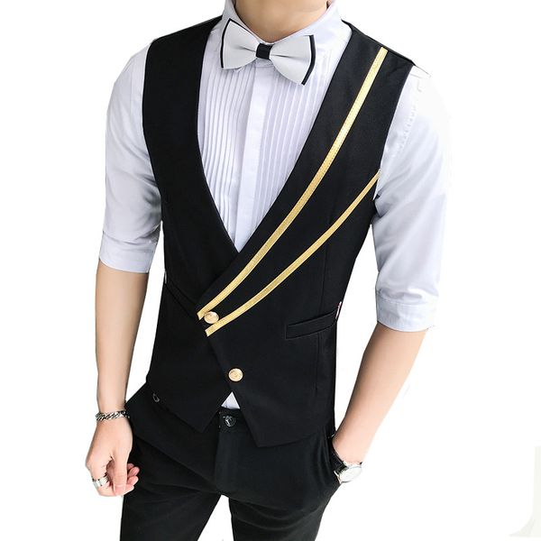 

men british diagonal bar single-breasted vest bar nightclub vest party fashion personality design sense suit large size 5xl, Black;white