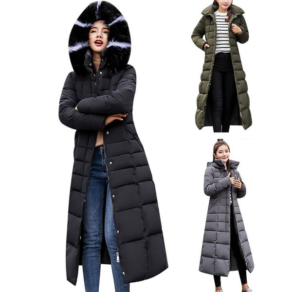 

winter jacket women abrigos mujer invierno 2019 quilted puffer fur coat long padded plus ladies thicken hooded parka, Black
