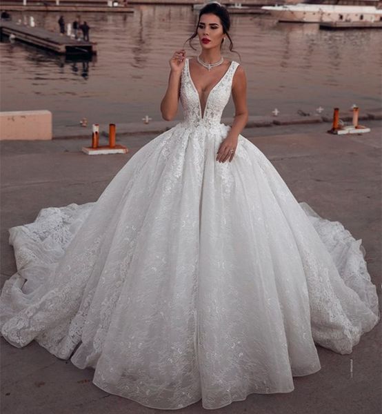 

charming lace wedding dresses with deep v neck chapel train ball gown wedding dress custom made bohemia country style bridal gowns plus size, White