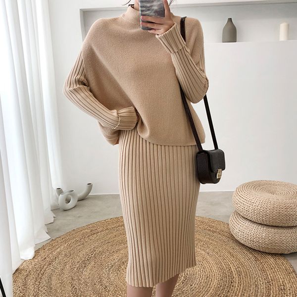 

elegant 2 pieces women knitted dress slim long sleeve sweater dress autumn winter casual ladies pullover sweater suit femme 2019, White;black