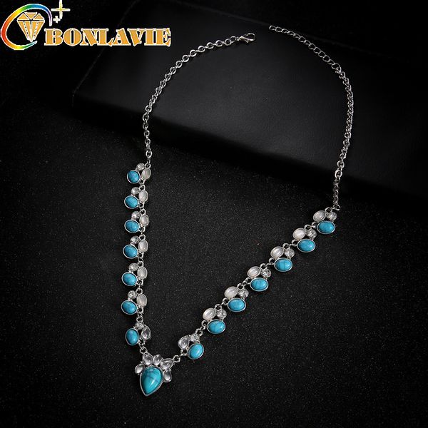 

fashion blue natural stone squash white green blossom necklace vintage silver bohemian costume women's necklace jewelry wholsale