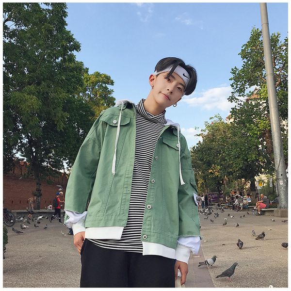

spring autumn new hooded denim jeans fashion fake two pieces streetwear hip hop casual cowboy clothes male jean coat outerwear, Black;brown