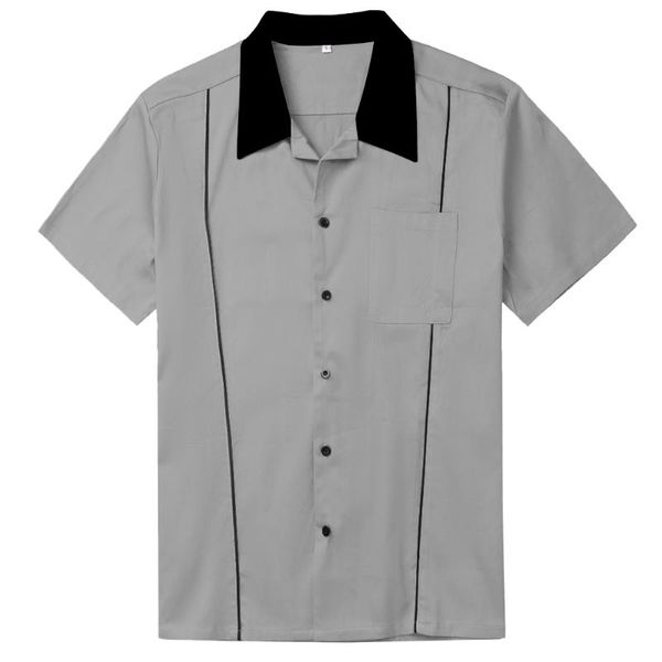 Camisas casuais dos homens roupas ocidentais Rockabilly cinza retro design camisa de mangas curtas com bolsos L-2XL 2021