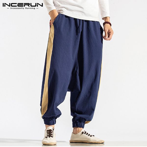 

incerun men harem pants joggers streetwear cotton elastic waist loose casual drop-crotch pants printed patchwork trousers men, Black