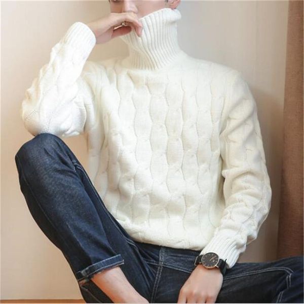 

2018 new winter pullover men sweater coat knitted turtleneck men sweater man solid high collar mens turtleneck sweaters, White;black