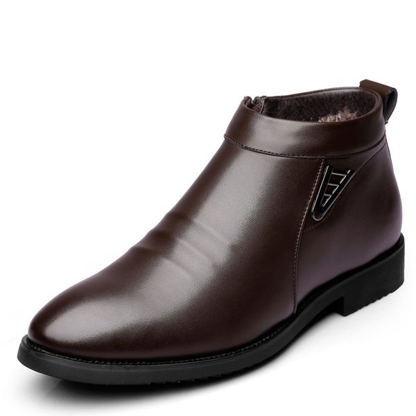 

new arrival men's leisure warm plush winter boots pointed toe snow boot cow leather shoes ankle botas chaussure homme, Black