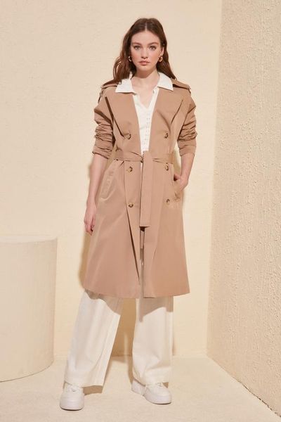 

trendyol water repellent featured button closure long trench coat twoss20tr0012, Tan;black