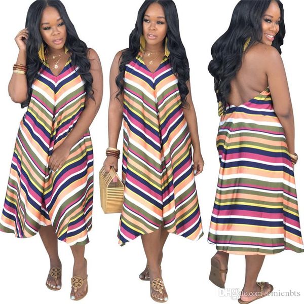 

womens summer designer dresses casual style stripe printed open back sleeveless v neck sling dresses womens casual dresses, Black;gray