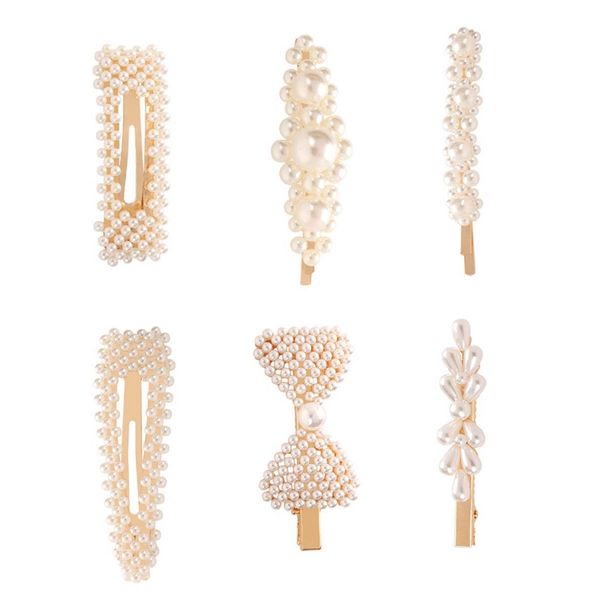 

women pearl barrettes hair clips - 6 pcs set pearls hair accessories with 1 pcs bow pearl fashion big and small snap pin, Golden;white