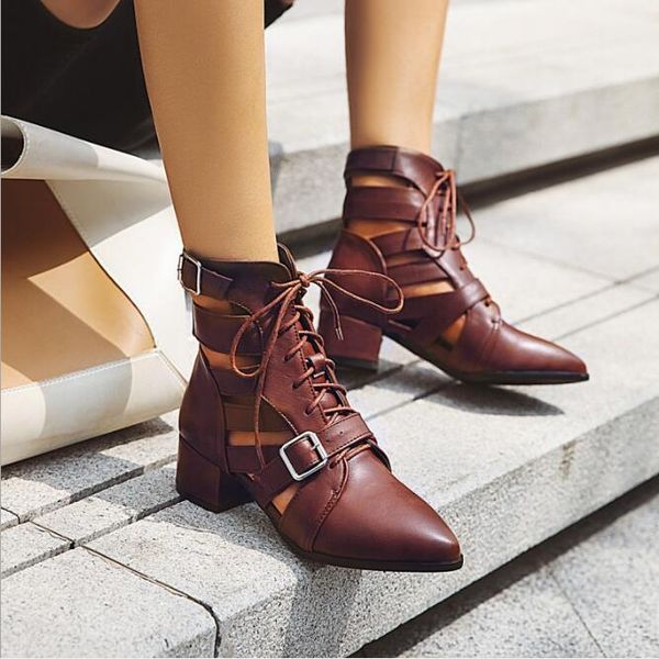 

luxury cut out ankle boots for women designer pu leather women boots 2 buckles full grain leather gladiator shoes woman, Black