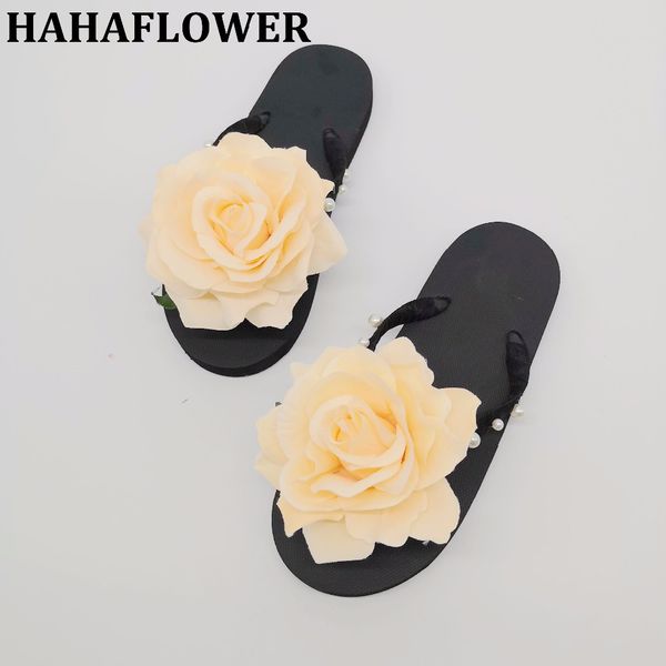 

hahaflower summer shales for women 2018 flat sandals flip flops handmade flower slippers ashion rose pearl female shoes, Black