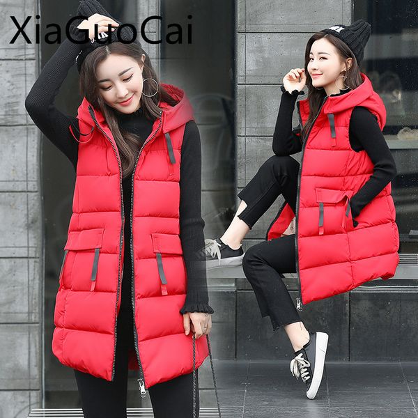 

2017 red women vests winter hooded female coats zipper cotton long jackets slim fashion coats z507 35, Black;white