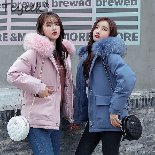 

tcyeek winter fur hoodded кђѬка одежда женин 2019 пѬоложеннй еплй вниз лопок parka пало ж, Tan;black