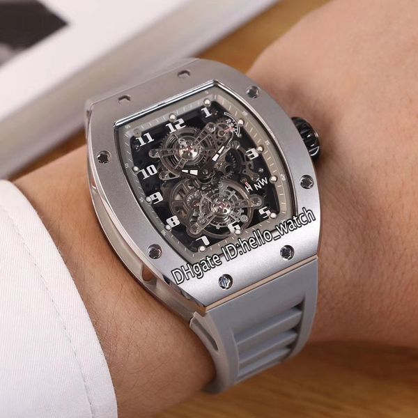 

new rm17-01 skeleton tourbillon dial gray inner miyota automatic mens watch 17-01 titanium steel case gray rubber strap watches hello_watch, Slivery;brown