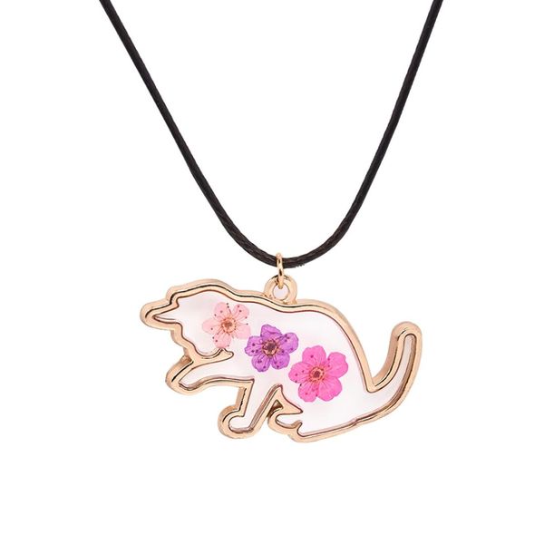 

lovely cat resin necklace creative style kitty dry flowers pendant jewelry transparent pendant natural flowers necklace women, Silver