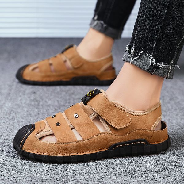 

new leather men's sandals handmade classic summer mens shoes sandalias outdoor men roman beach sandals size 39-48, Black