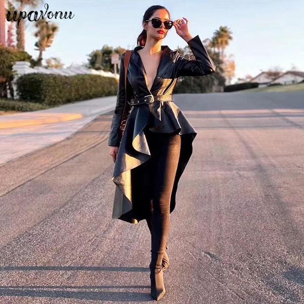 

women's jackets 2021 fashion autumn pu leather ladies jacket coat lapel long sleeve irregular belt hem ruffled, Black;brown