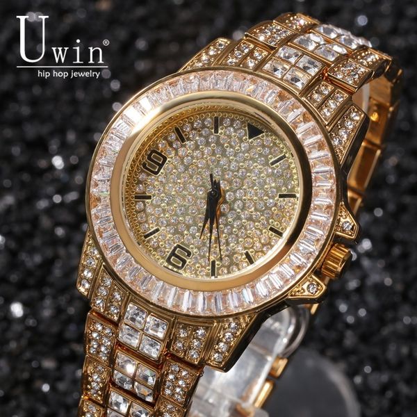 

uwin full iced out men watches stainless steel fashion luxury rhinestones quartz square wristwatches business watch, Slivery;brown