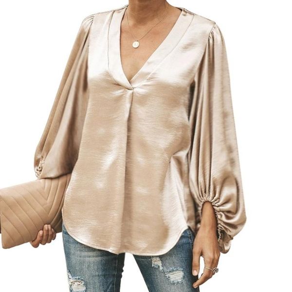 

женщины мода puff рукавом блузка v шеи свободные топы solid тройник женщин с длинными рукавами шифон блузка chic элегантная дама завернутые, White