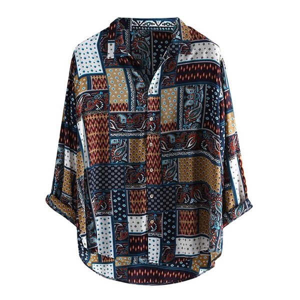 

feitong mens vintage ethnic style shirts printing loose long sleeve stand collar casual daily shirt handsome, White;black