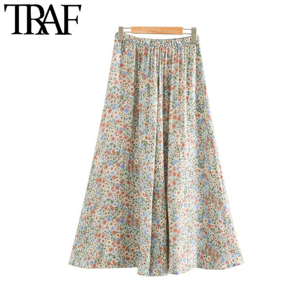 

skirts traf women chic fashion floral print pleated midi skirt vintage high elastic waist office wear female mujer, Black