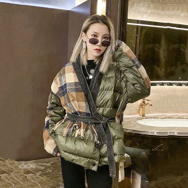 

patchwork tassel plaid parkas women 2019 winter bandage full sleeve wide waist pocket goddess fan casual parka dmy1771, Black