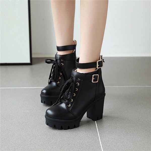 

plus size punk goth black white buckle strap biker ankle boots for women platforms block high heels womens gothic shoes