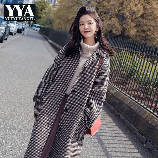 

fashion women plaid long woolen blend trench coat vintage plaid loose fit manteau femme casual outwear windbreaker wool coat, Black