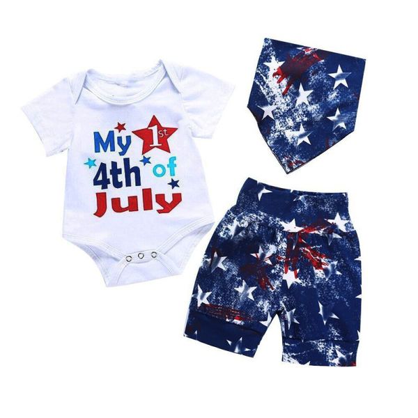 

baby clothing set 4th of july short sleeve romper shorts with scarf independence day outfits clothes set, White