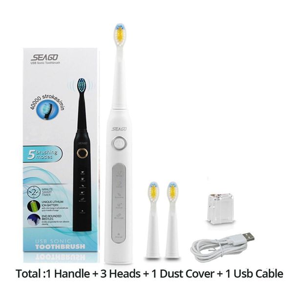 

seago sg-507 usb rechargeable sonic electric toothbrush waterproof deep clean teeth whitening brush + 2 replacement heads